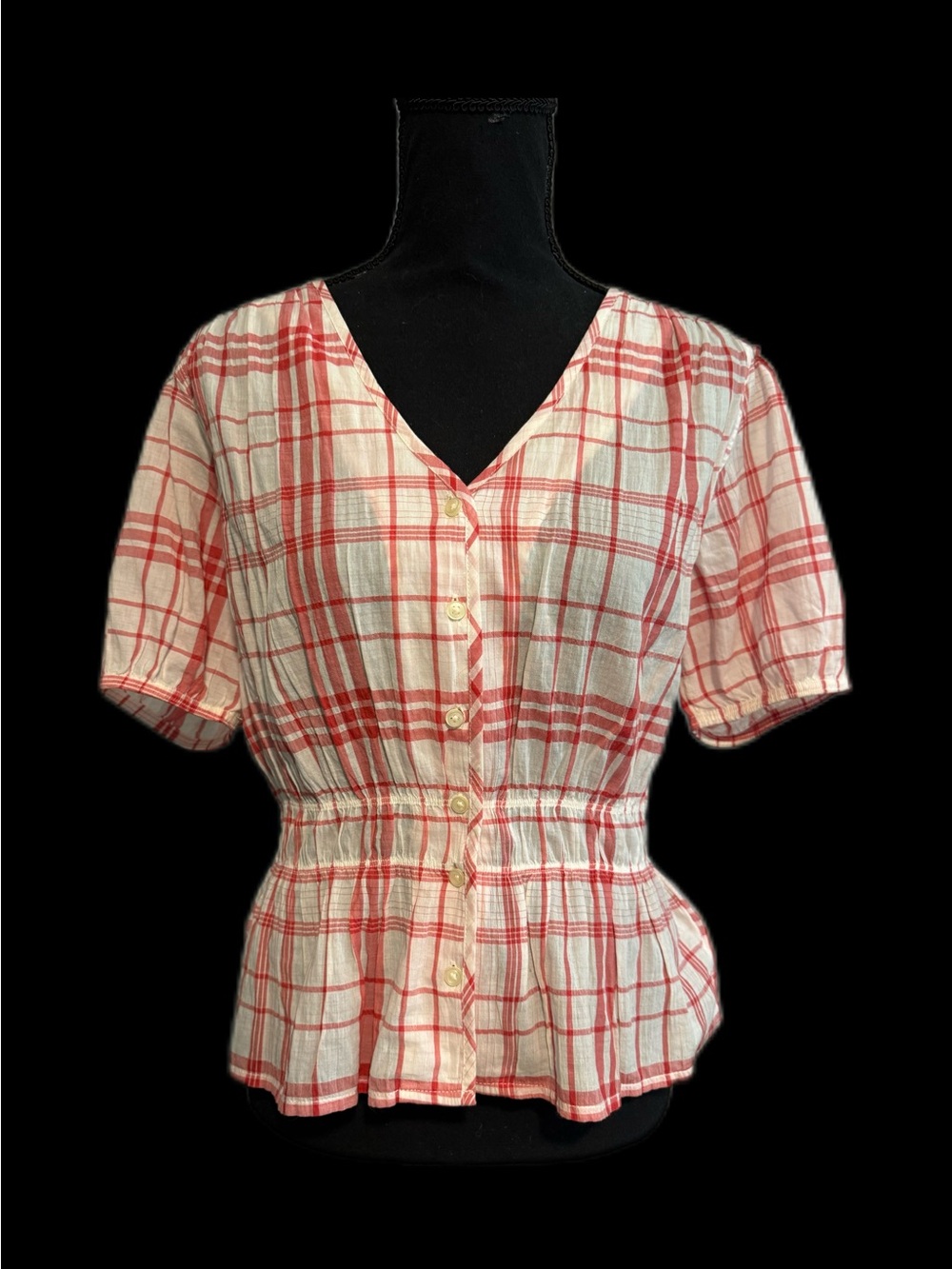 Red Plaid Button-Front V-Neck Peplum Blouse